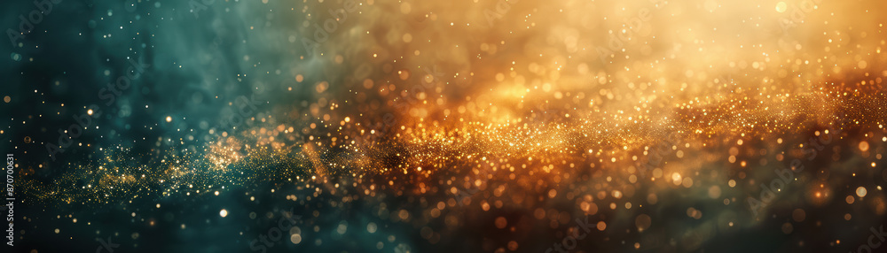 Poster abstract background featuring a mesmerizing fusion of teal and gold particles creating a dreamy, mys