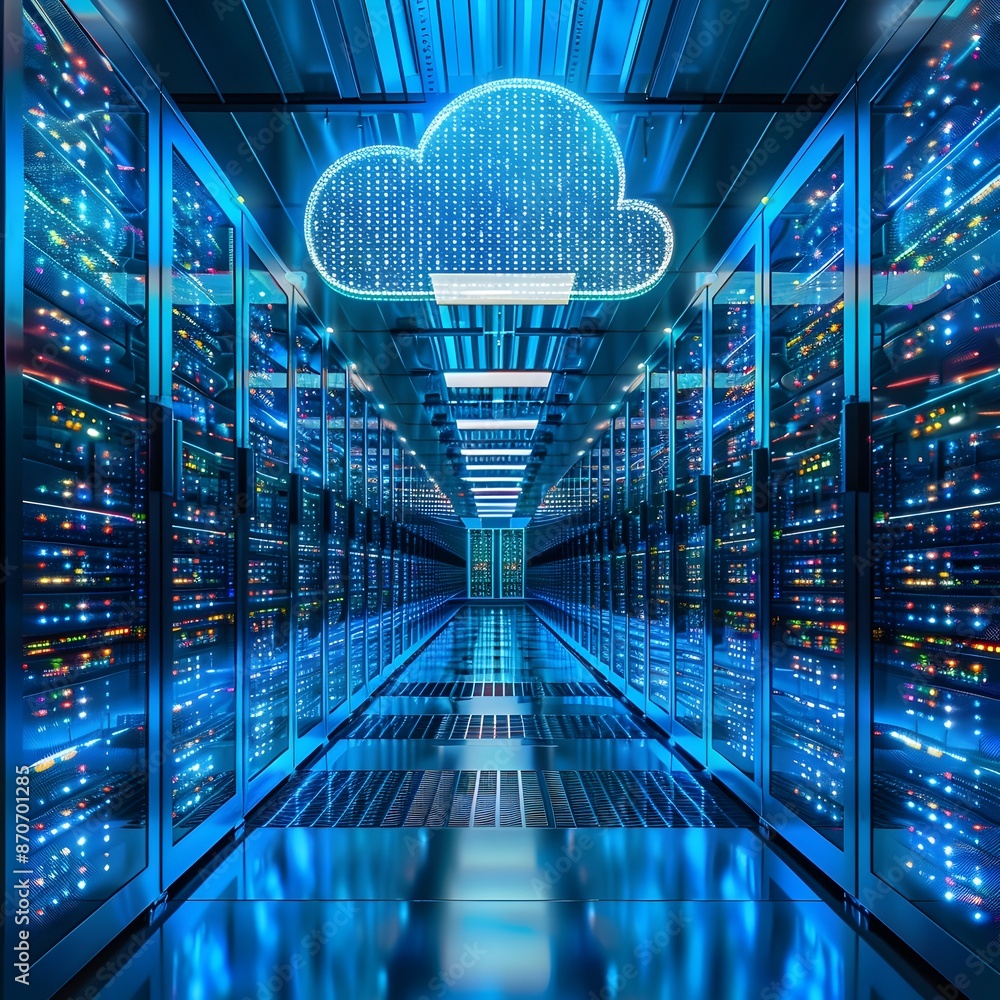 Poster futuristic high angle view of a cloud data center with rows of servers and vibrant blue led lights