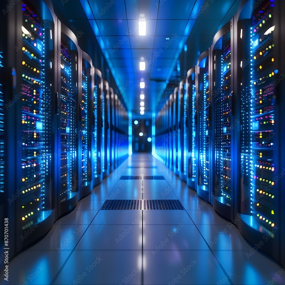 Aufkleber high angle view of futuristic cloud data center with rows of servers and illuminating blue led light