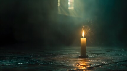 An elegant taper candle stands tall on a darkened stage, its slender form enveloped in a halo of soft, diffused light. symbolizing hope amidst shadows.