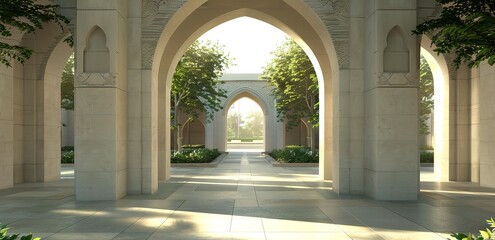 Naklejka premium The cream-colored mosque gate has Arabic architecture with green tree decorations on the side with light shining from the outside