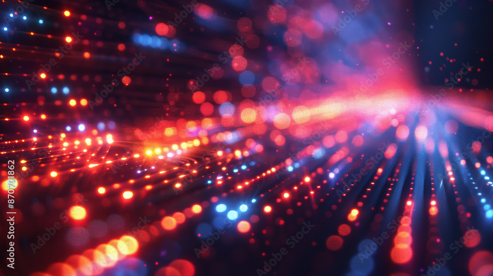 Poster a vibrant digital abstract background image with glowing red and blue particles, creating a dynamic 