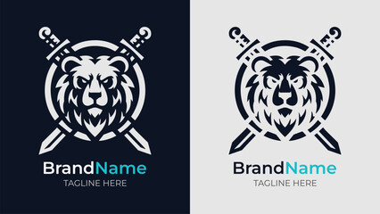 Fierce monochrome bear head logo in a shield with crossed swords, stars, and custom name and tagline. Great for athletic branding and team logos