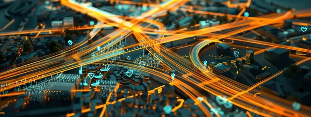 busy highway cutting through the city, freeway stretching towards the horizon, with a steady stream of vehicles traveling at high speed