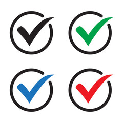 Set of tick icons, checkmark isolated on white background, checked icon or correct choice sign, check mark or checkbox pictogram.