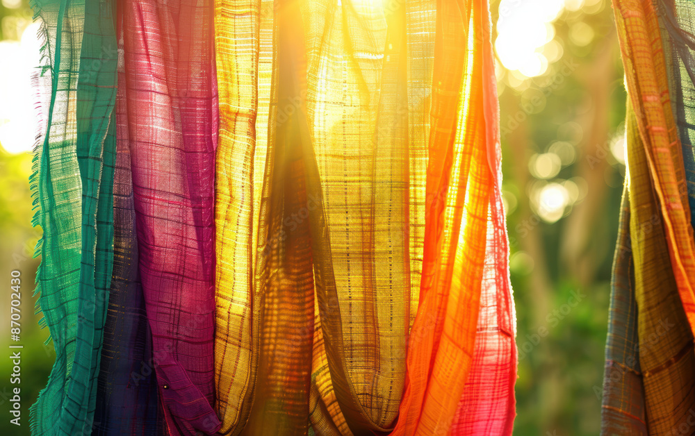 Poster colorful fabric drapes illuminated by sunlight creating a vibrant and warm atmosphere, showcasing be