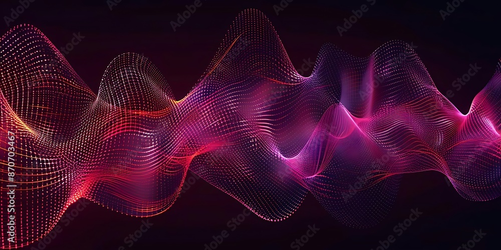 Poster abstract background with wavy lines of pink and red glowing dots