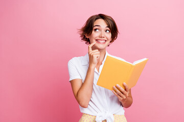Portrait of young girl wear white blouse touch chin looking empty space minded reading her plans...