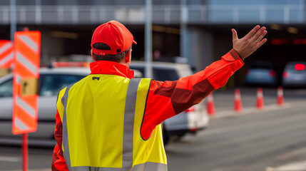 An individual directing vehicles with hand signals and wearing high-visibility clothing at an outdoor event parking area.