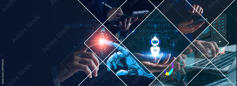 Poster business iot ai automation concept, business man with virtual ai automation connect internet of thin