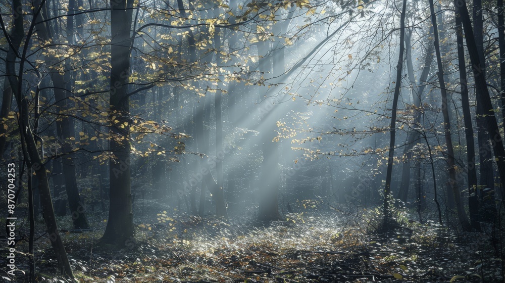 Poster sunbeams filter through the branches, casting intricate patterns of light and shadow upon the forest