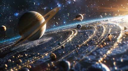 An artistic representation of the solar system in a planetarium setting with planets aligned - Powered by Adobe