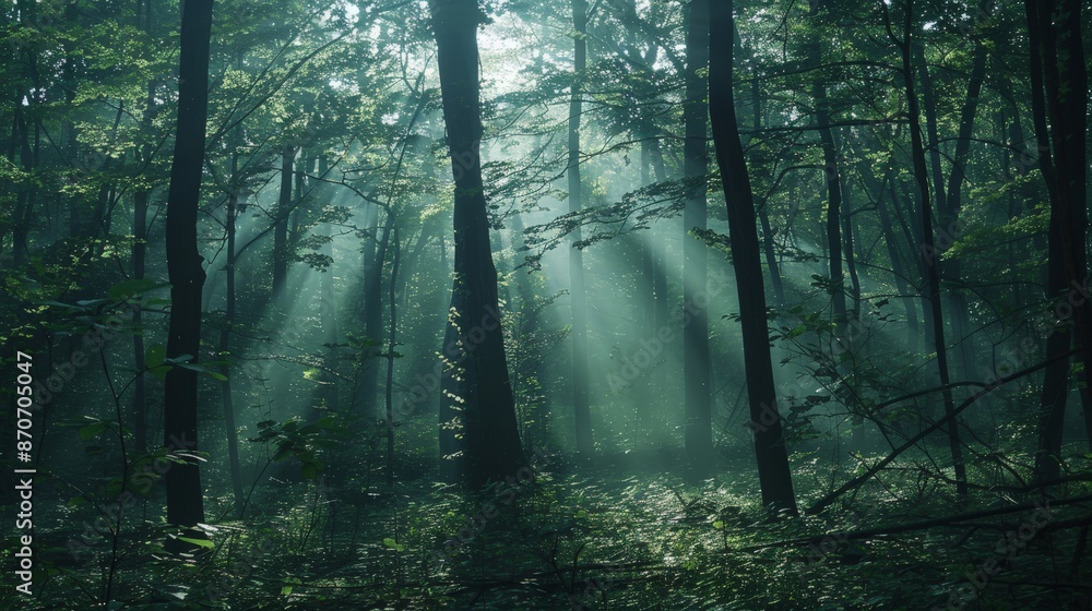 Poster sunbeams filter through the branches, casting intricate patterns of light and shadow upon the forest