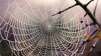 Fototapeta premium A spider web covered in morning dew, showcasing intricate design and patience.