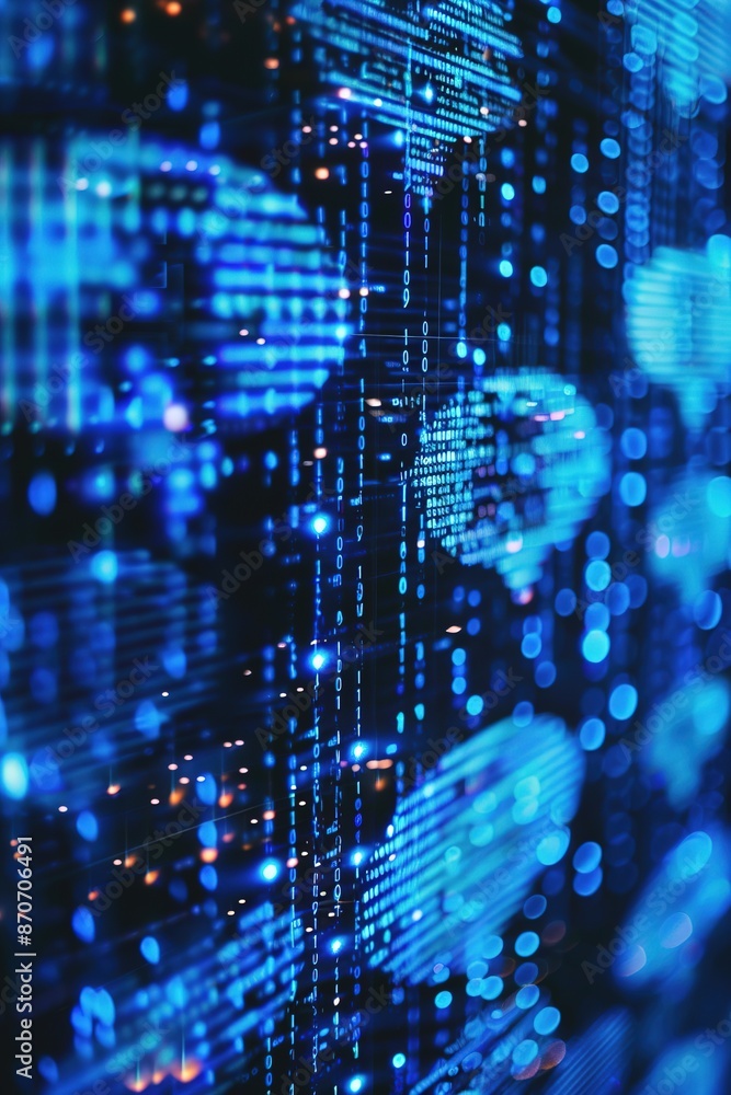 Poster blue digital data streams, abstract tech background with glowing
