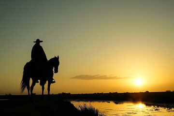 Silhouette of a gaucho in a hat and poncho on top of a horse near a river at dawn