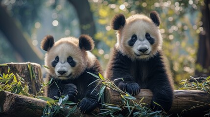 Fototapeta premium two lovely giant panda bear eating bamboo shoots