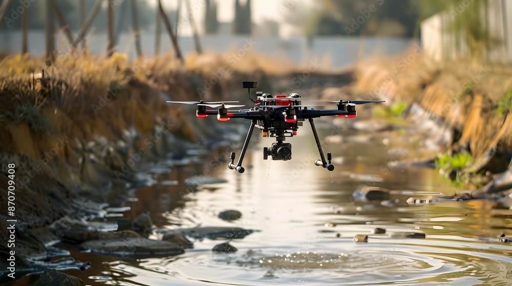 Poster drone capturing aerial imagery of water source for environmental analysis and monitoring