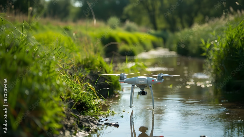Poster drone capturing aerial imagery of water source for detailed analysis and monitoring