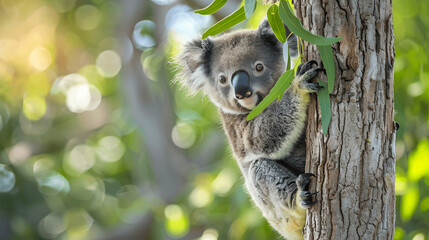Baby koala clinging to eucalyptus tree