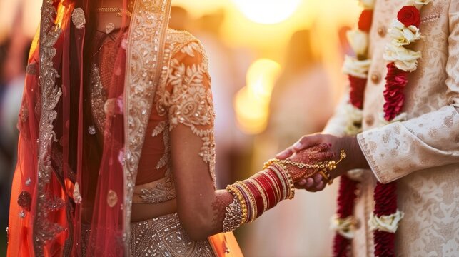A bride and groom hold hands during a traditional Hindu wedding ceremony in India. The bride is wearing a red and gold saree, and the groom is wearing a white kurta with a red garland