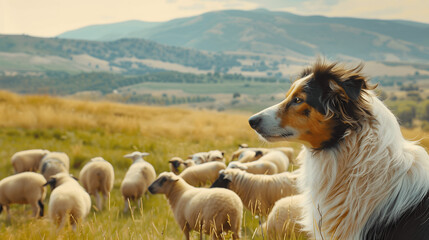 Sheepdog watching over flock of sheep in meadow