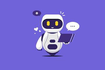 Smiling robot chat cartoon with tablet on isolated background, Vector illustration.