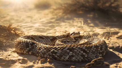 Naklejka premium Coiled rattlesnake on sandy desert ground
