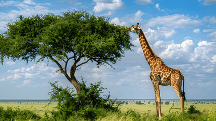 Obraz premium Giraffe nibbling leaves from tall acacia tree