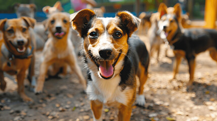 Happy dogs playing at animal rescue center