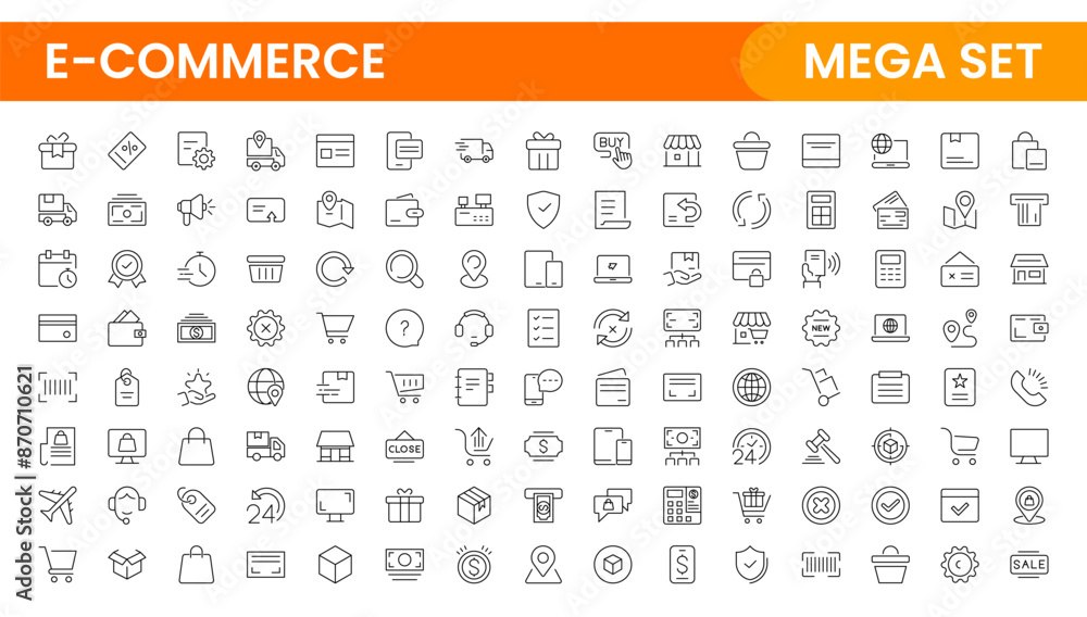 Poster e-commerce set of web icons in line style. online shopping icons for web and mobile app. business, m