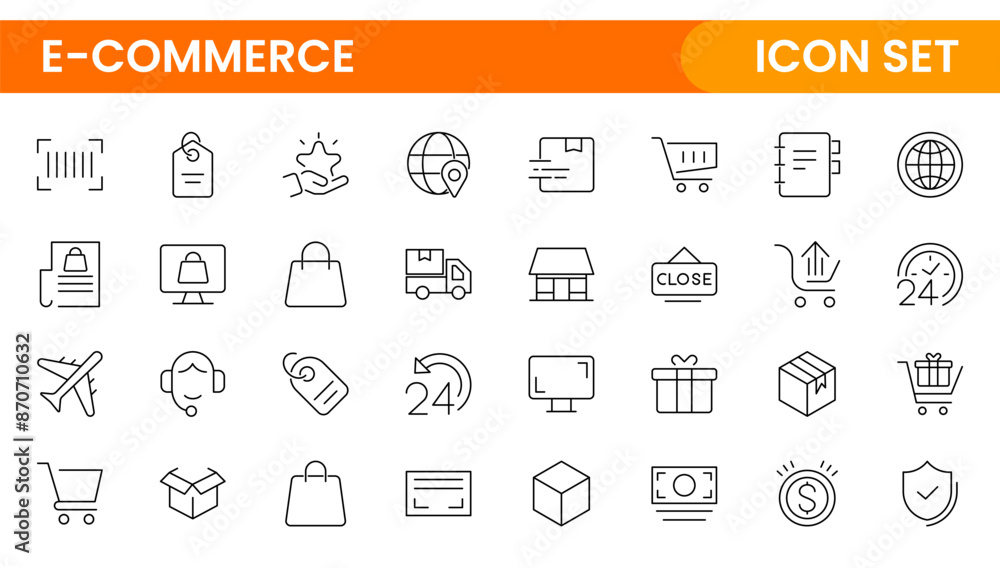 Poster e-commerce set of web icons in line style. online shopping icons for web and mobile app. business, m