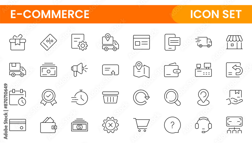 Poster e-commerce set of web icons in line style. online shopping icons for web and mobile app. business, m