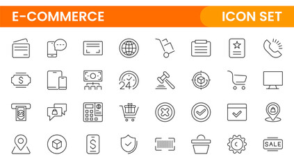 E-Commerce set of web icons in line style. Online shopping icons for web and mobile app. Business, mobile shop, digital marketing, bank card, gifts, sale, delivery. Vector illustration