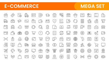 E-Commerce set of web icons in line style. Online shopping icons for web and mobile app. Business, mobile shop, digital marketing, bank card, gifts, sale, delivery. Vector illustration