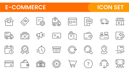 E-Commerce set of web icons in line style. Online shopping icons for web and mobile app. Business, mobile shop, digital marketing, bank card, gifts, sale, delivery. Vector illustration
