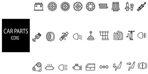 Set of 40 outline Automotive space part icons.Auto spare parts vector thin line art flat style design elements, icons for web banners and printed materials..Vector illustration.
