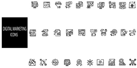 Digital marketing simple concept 30 icons set. Contains such  business, insurance, finance, social icons.Vector illustration.