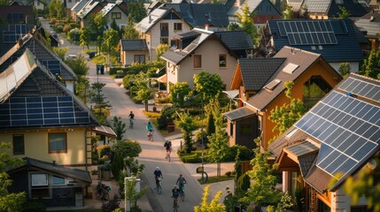 Fototapeta premium A suburban neighborhood with eco-friendly houses, solar panels, and residents cycling on dedicated bike paths.