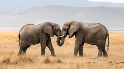 Fototapeta premium Elephants intertwining trunks in African landscape
