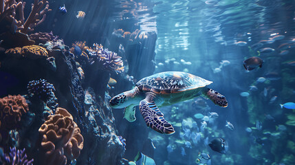 Obraz premium Sea turtle gliding through aquarium tank
