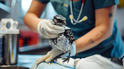 Veterinary technician bandaging injured bird