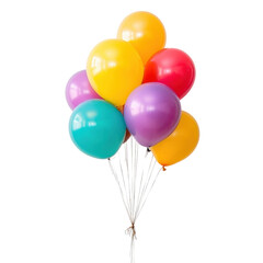 Vibrant multicolored balloons cluster on white background. Perfect for celebrations, parties, and festive decorations.