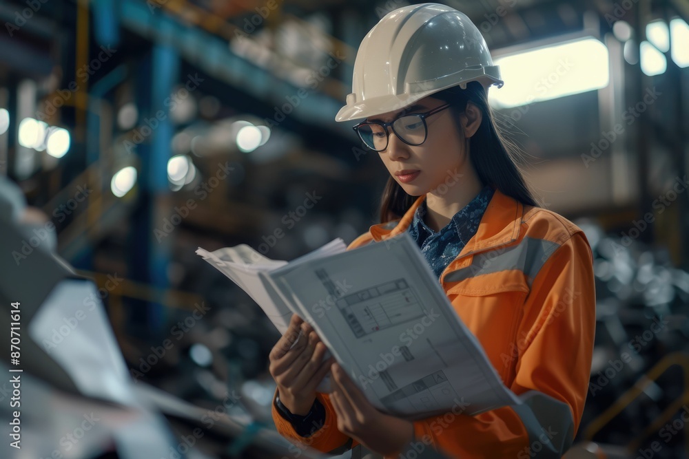 Poster smart engineer checking iron machine in factory while wearing safety helmet. professional industrial