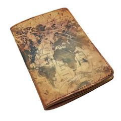 Fototapeta premium Vintage leather travel passport holder featuring a world map design, evoking a sense of adventure and global exploration.