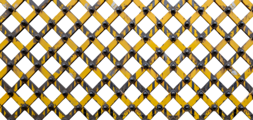 Close up long banner yellow black steel distressed rustic barricade barrier, warning danger crime criminal safety construction caution on transparent cutout PNG file. Mockup template for design
