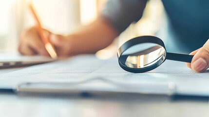 Accountant examining financial discrepancies, with a magnifying glass and documents, highlighting forensic accounting and investigation