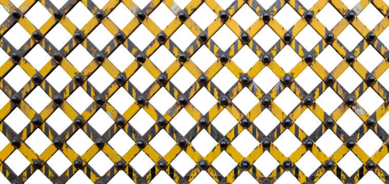 Close up long banner yellow black steel distressed rustic barricade barrier, warning danger crime criminal safety construction caution on transparent cutout PNG file. Mockup template for design