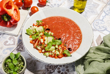 gazpacho food styling on a tile background