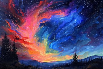 Fototapeta premium Oil painting of northern lights, aurora borealis abstract art